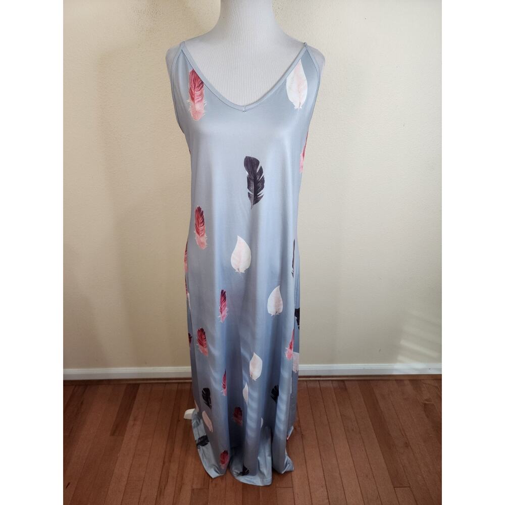 SHEILAY Women's Silver Sleeveless Feather Print Long Maxi Dress Size Large New